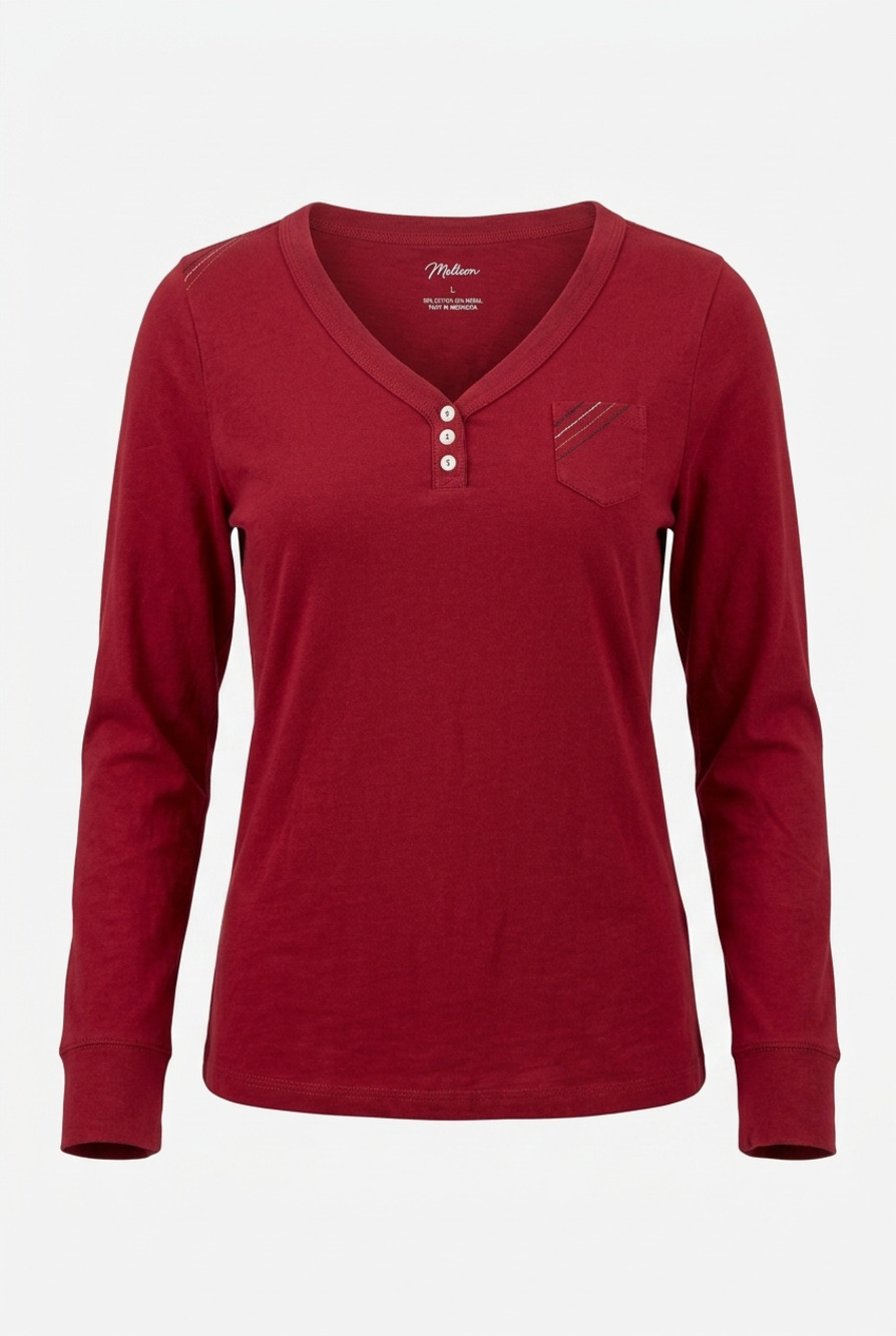 Madison Red Long Sleeve V-Neck Henley Shirt with Pocket Size L